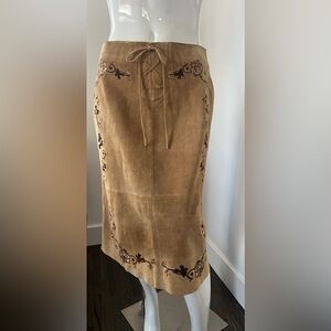Danier Tan Suede Skirt with Embroidered Details
